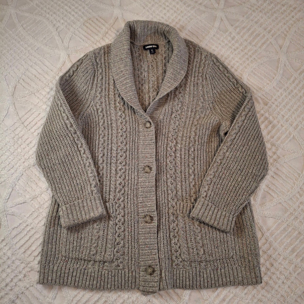 Lands End Womens XL Cardigan Gray Cable Knit Shawl Collar Speckled Wool Blend